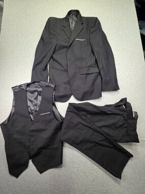 Men's 4 Piece Black Suit Set Jacket/Vest Med, Pants 34-40 Vest Bow Tie Formal